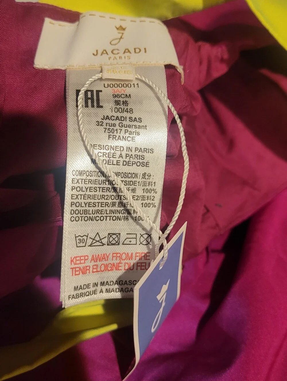 Jacadi Paris purple dress with lime green straps and bow detail, size 3 years.